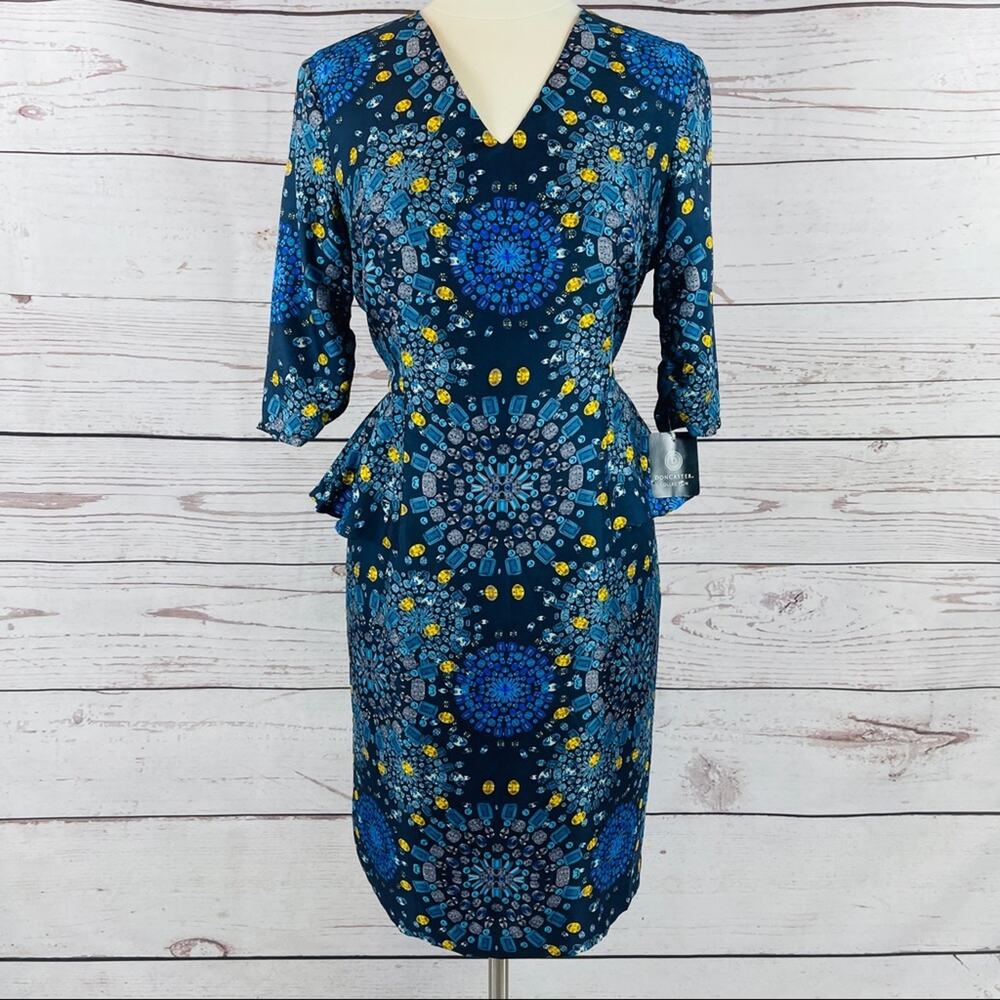 Don Caster 100% silk navy gem print ruffle waist